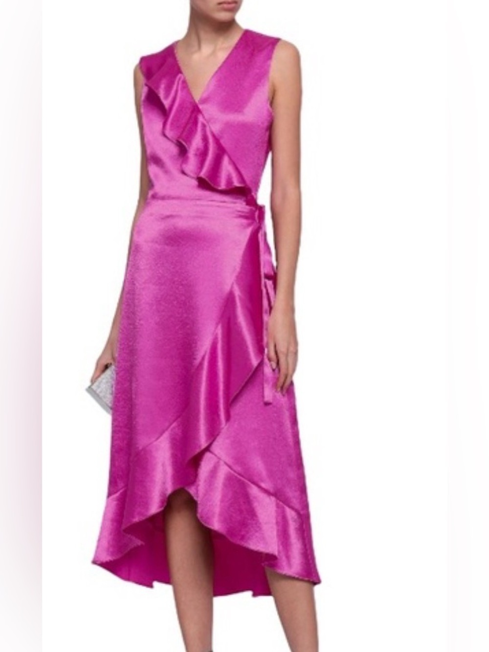 MAJE PINK SILKY SLEEVELESS MIDI DRESS WITH RUFFLE AND TIE AT WAIST SZ 2